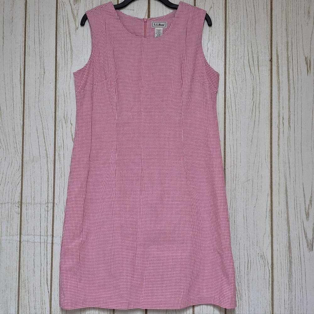 L.L. Bean Pink Gingham A-Line Princess Seam Lined Midi Dress Sleeveless Size 14